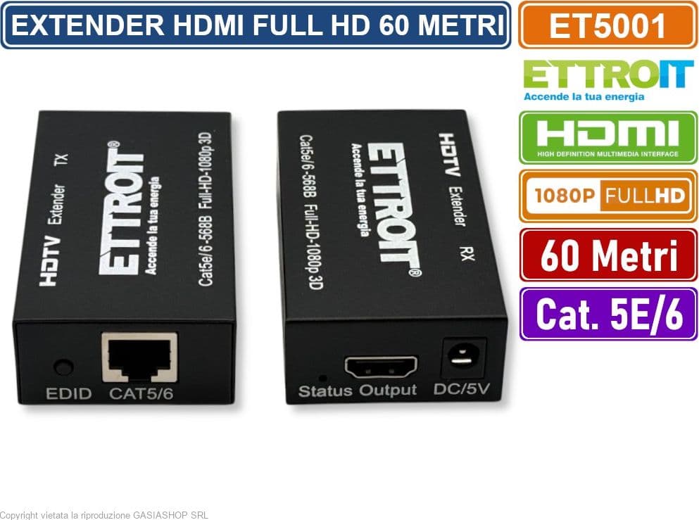 ETTROIT ET5001 EXTENDER ESTENSORE HDMI FULL HD 1080P 3D HDCP SU CAVO LAN RJ45 60 METRI - 5