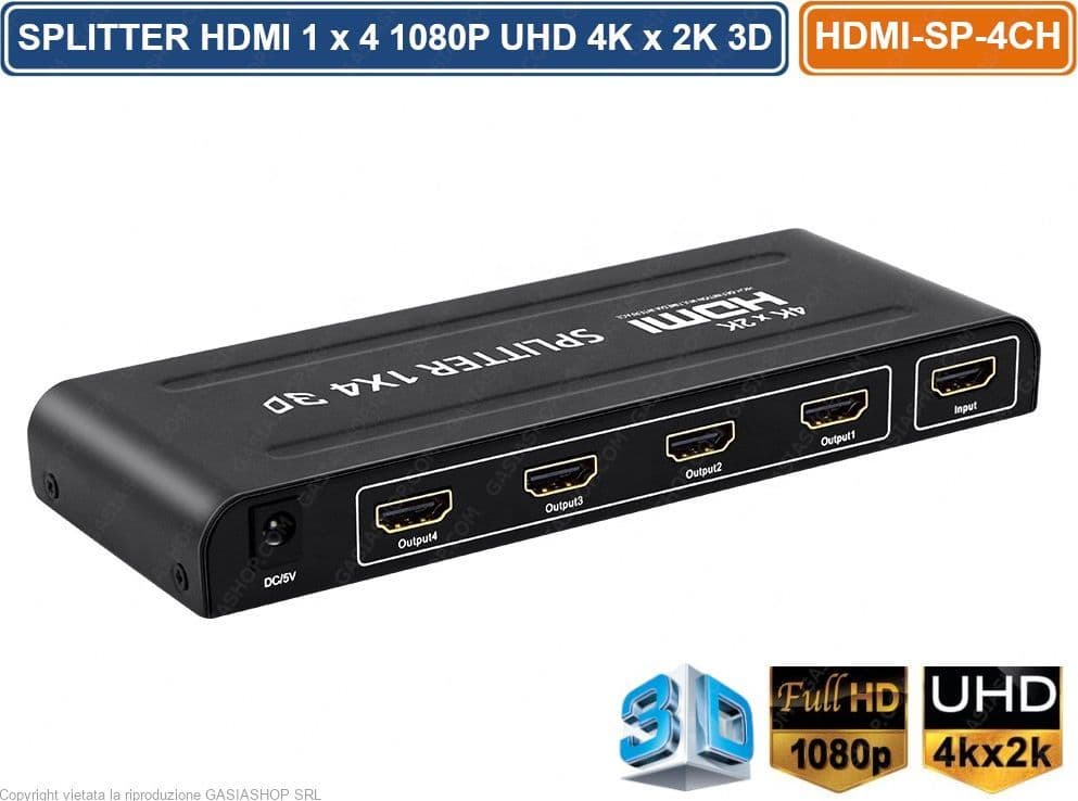 SPLITTER SDOPPIATORE HDMI FULL HD 1080P UHD 4K 3D 1x4 4 USCITE HDMI AMPLIFICATE