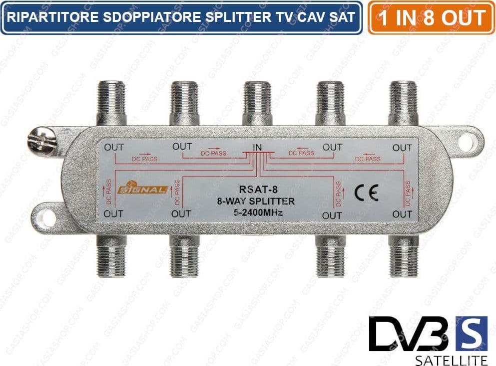 RIPARTITORE SPLITTER MOLTIPLICATORE SEGNALE TV SATELLITARE 15 db 1 IN 8 OUT - 2