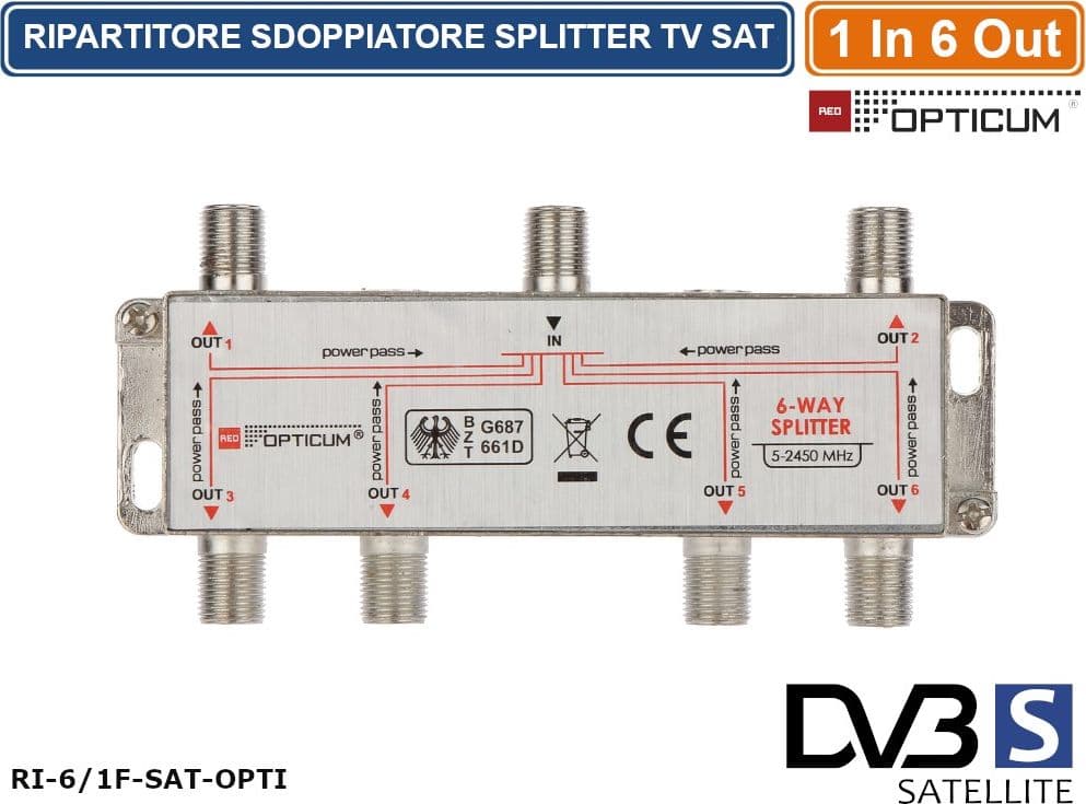 RIPARTITORE SPLITTER MOLTIPLICATORE SEGNALE TV SATELLITARE 15.9 db 1 IN 6 OUT - 2