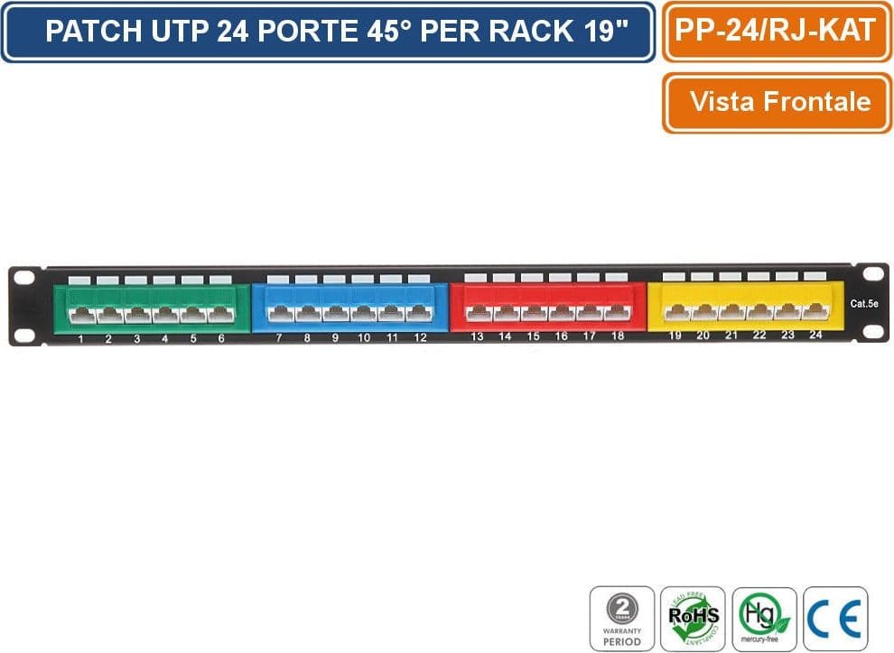 PANNELLO PATCH UTP 24 PORTE 45° PER ARMADIO RACK 19" 1U - 2