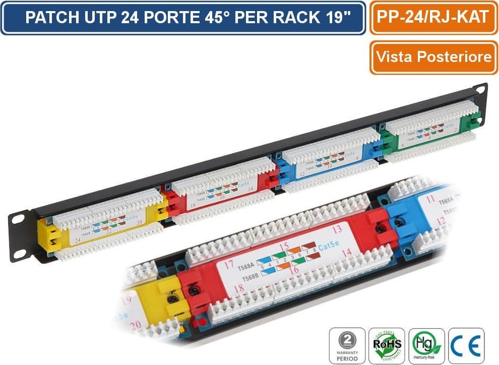 PANNELLO PATCH UTP 24 PORTE 45° PER ARMADIO RACK 19" 1U - 3