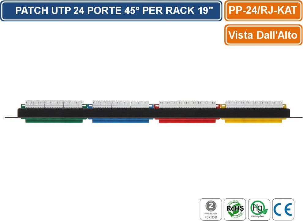 PANNELLO PATCH UTP 24 PORTE 45° PER ARMADIO RACK 19" 1U - 4