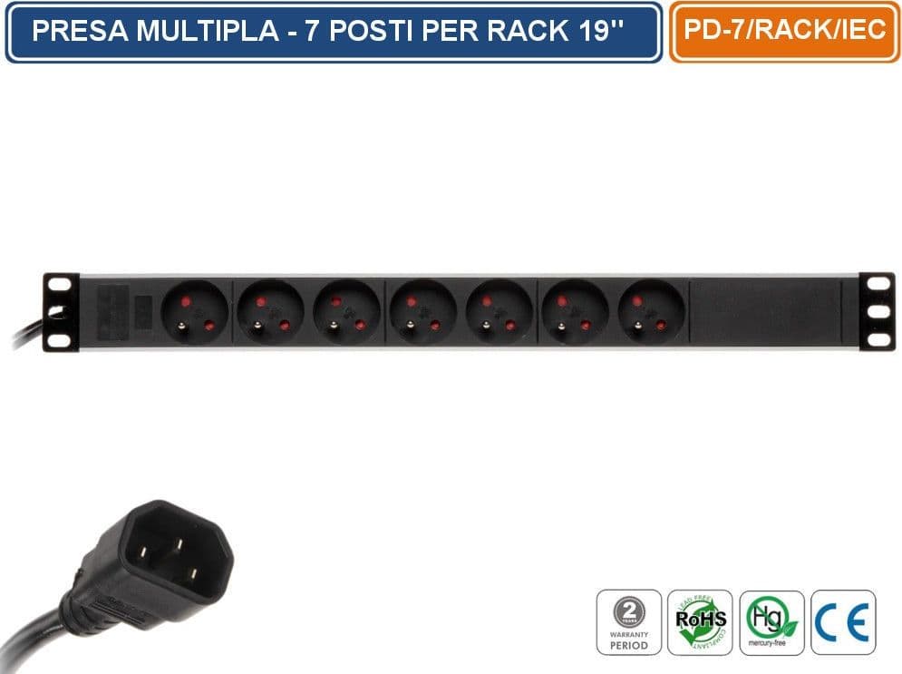 MULTIPRESA SCHUKO 16A 3680 WATT 7 POSIZIONI PER MONTAGGIO ARMADI RACK 19" 1U - 2