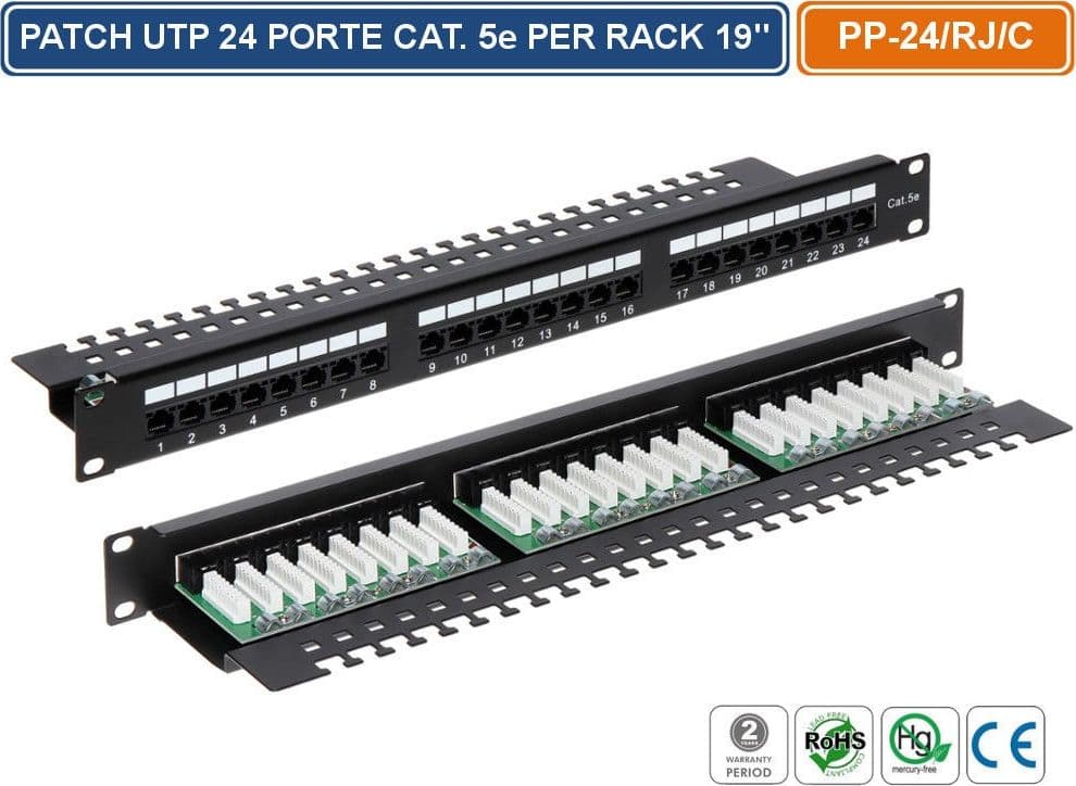 PANNELLO PATCH UTP 24 PORTE PER ARMADIO RACK 19"