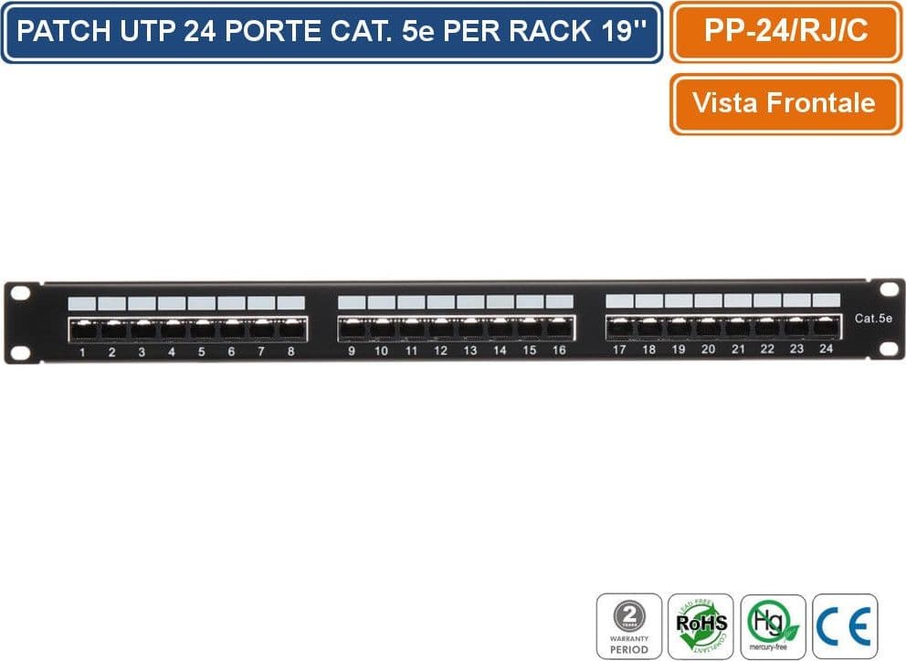 PANNELLO PATCH UTP 24 PORTE PER ARMADIO RACK 19" - 2