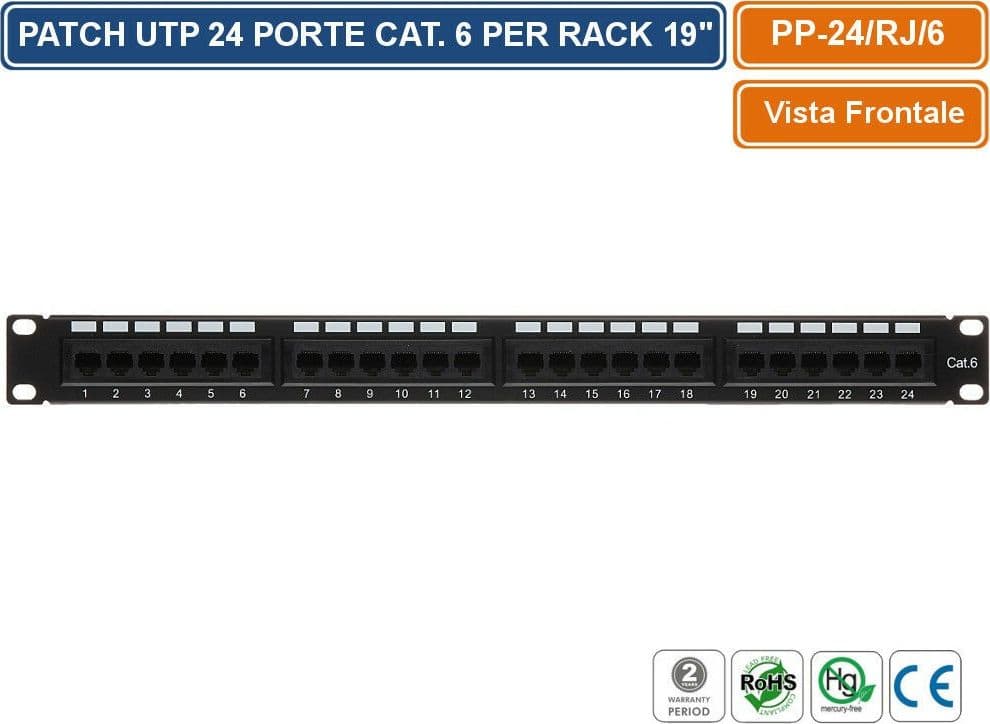PANNELLO PATCH CAT6 UTP 24 PORTE PER ARMADIO RACK 19" - 2