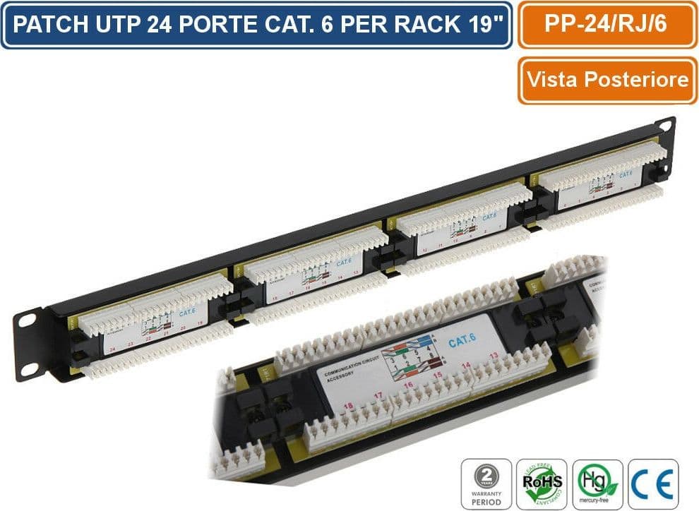 PANNELLO PATCH CAT6 UTP 24 PORTE PER ARMADIO RACK 19" - 3