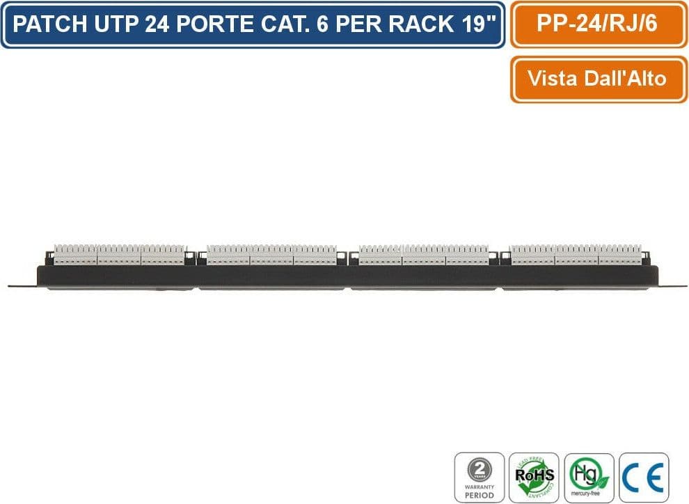 PANNELLO PATCH CAT6 UTP 24 PORTE PER ARMADIO RACK 19" - 4