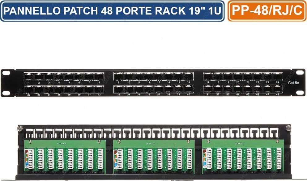 PANNELLO PATCH CAT5 UTP 48 PORTE PER ARMADIO RACK 19" 1U - 3
