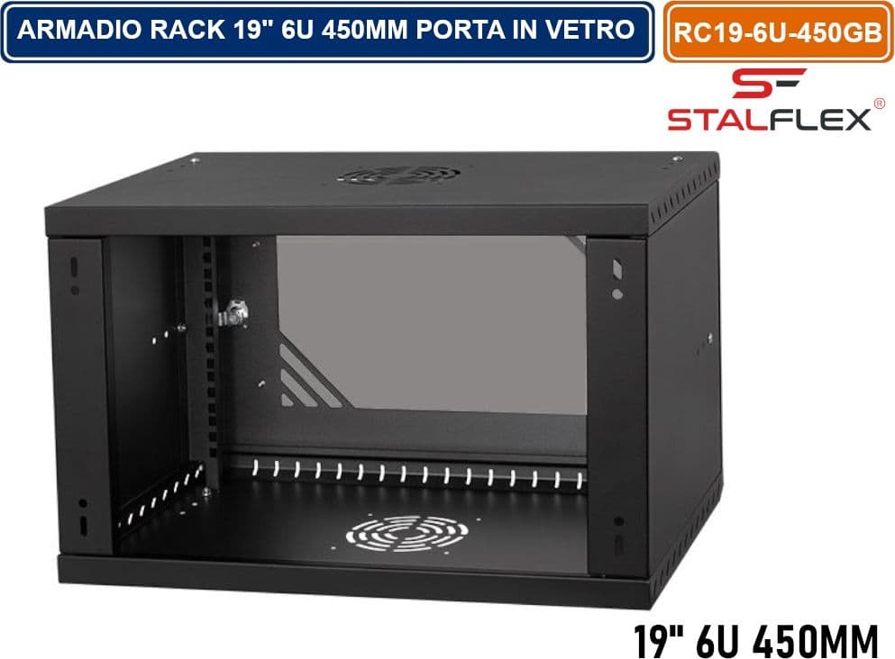 ARMADIO RACK 19" 6U 450MM QUADRO A PARETE NERO RAL9005 CON SPORTELLO IN VETRO REVERSIBILE - 2