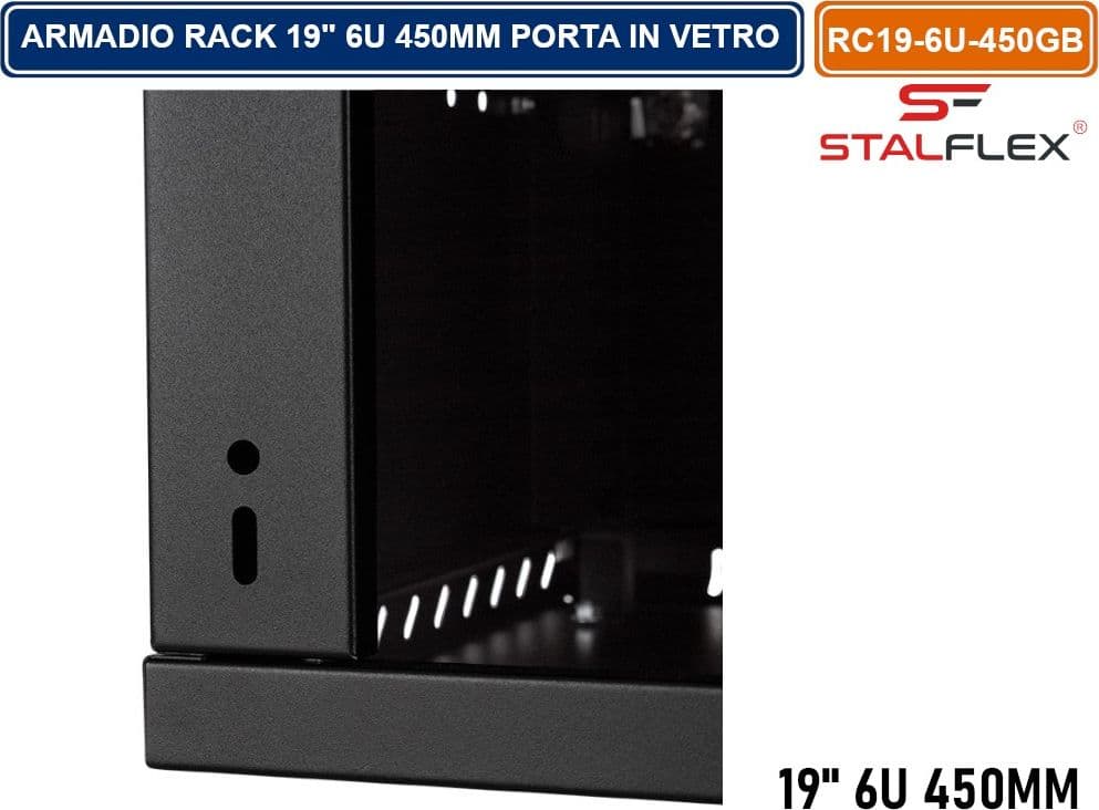 ARMADIO RACK 19" 6U 450MM QUADRO A PARETE NERO RAL9005 CON SPORTELLO IN VETRO REVERSIBILE - 3