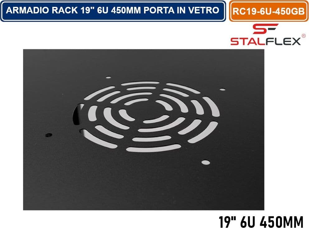 ARMADIO RACK 19" 6U 450MM QUADRO A PARETE NERO RAL9005 CON SPORTELLO IN VETRO REVERSIBILE - 4
