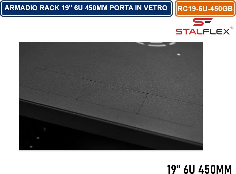 ARMADIO RACK 19" 6U 450MM QUADRO A PARETE NERO RAL9005 CON SPORTELLO IN VETRO REVERSIBILE - 5