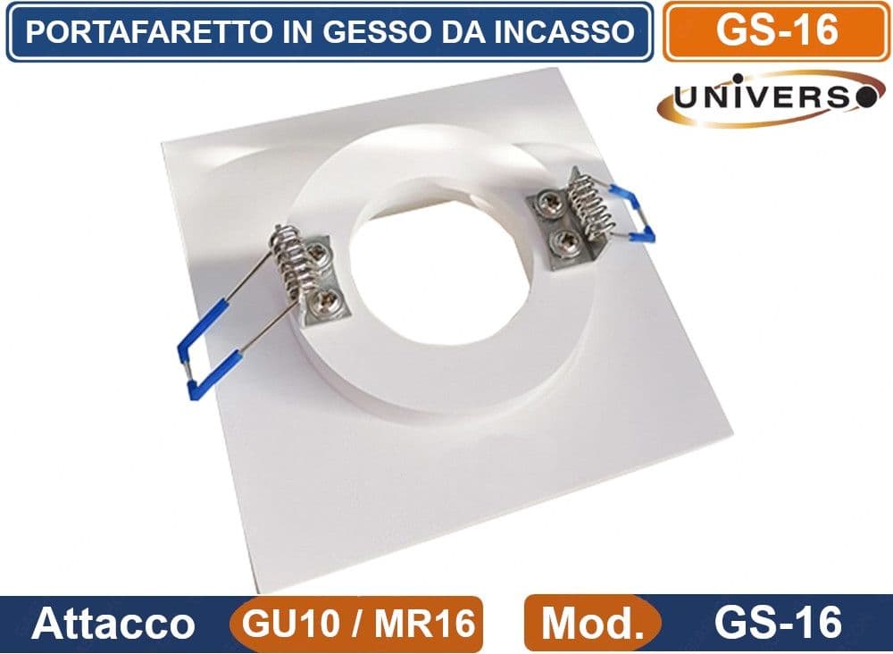 PORTAFARETTO QUADRATO DA INCASSO IN GESSO CON ALETTE A MOLLA PER LAMPADINE GU10 MR16 - 3