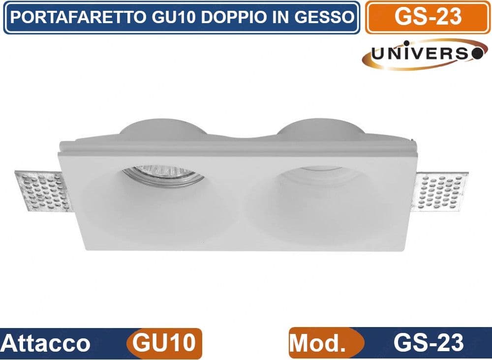 PORTAFARETTO DOPPIO RETTANGOLARE DA INCASSO IN GESSO VERNICIABILE PER LAMPADINE GU10 E GU5.3 - 3