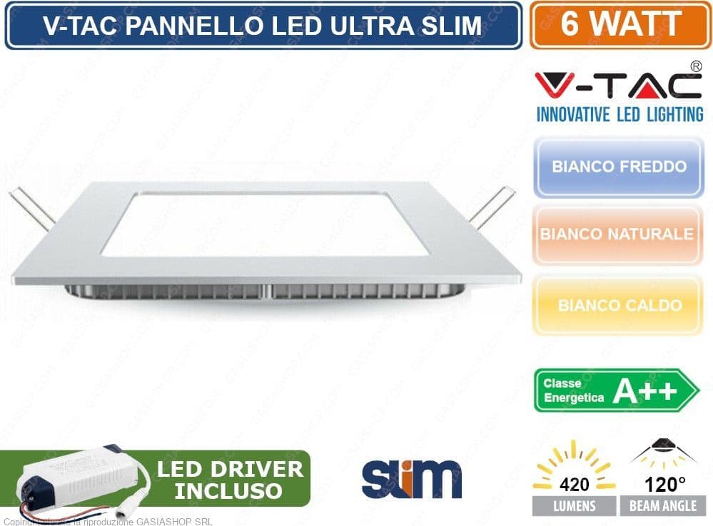 V-TAC VT-607 SQ PANNELLO LED QUADRATO 6W SMD DA INCASSO CON DRIVER - SKU 4863 / 4864 / 4865 - 2