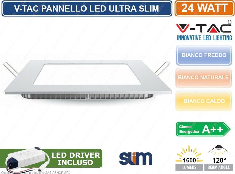 V-TAC VT-2407 SQ PANNELLO LED QUADRATO 24W SMD DA INCASSO CON DRIVER - SKU 4887 / 4888 / 4889 - 2