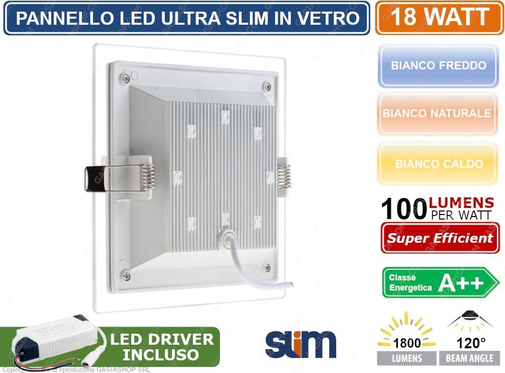 PANNELLO FARETTO LED QUADRATO DA INCASSO 18W CON CORNICE IN VETRO ALTA LUMINOSITA' 3000K 4000K 6500K - 2