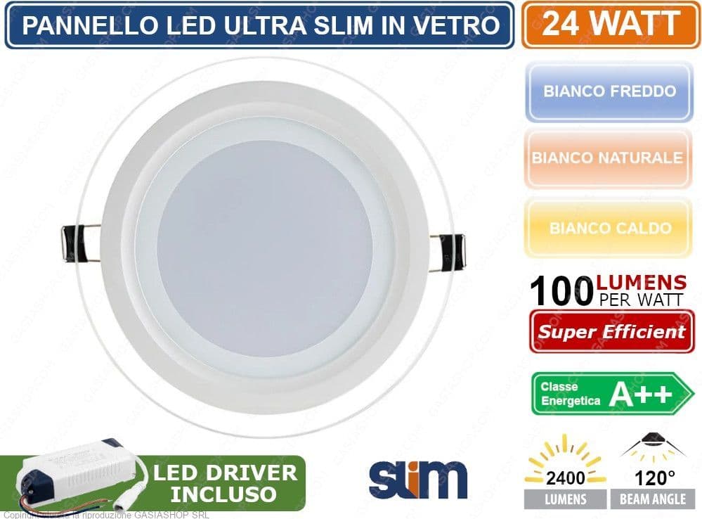 PANNELLO FARETTO LED ROTONDO DA INCASSO 24W CON CORNICE IN VETRO ALTA LUMINOSITA' 300KK 4000K 6500K - 5