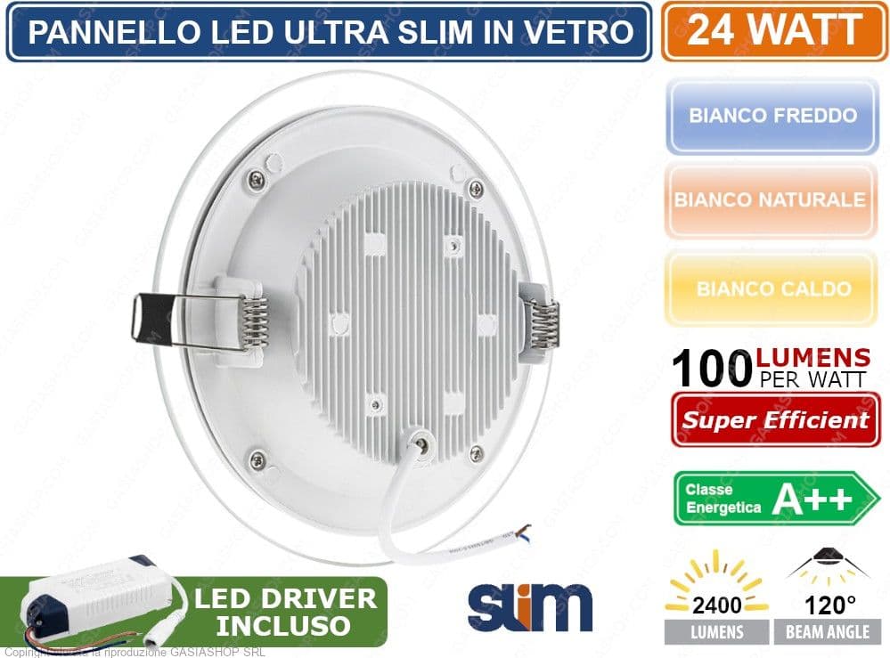 PANNELLO FARETTO LED ROTONDO DA INCASSO 24W CON CORNICE IN VETRO ALTA LUMINOSITA' 300KK 4000K 6500K - 2