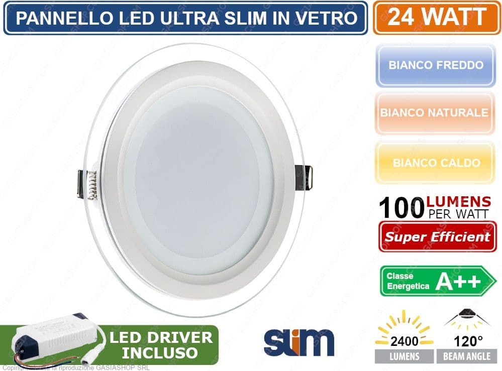 PANNELLO FARETTO LED ROTONDO DA INCASSO 24W CON CORNICE IN VETRO ALTA LUMINOSITA' 300KK 4000K 6500K - 3