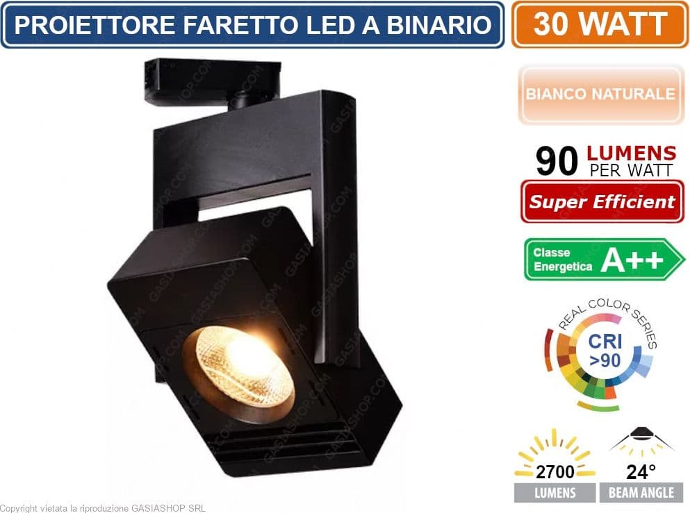 FARETTO PROIETTORE A BINARIO TRACK LIGHT LED COB 30W 2700 LUMEN CRI >90 BIANCO NATURALE 4000K - 2