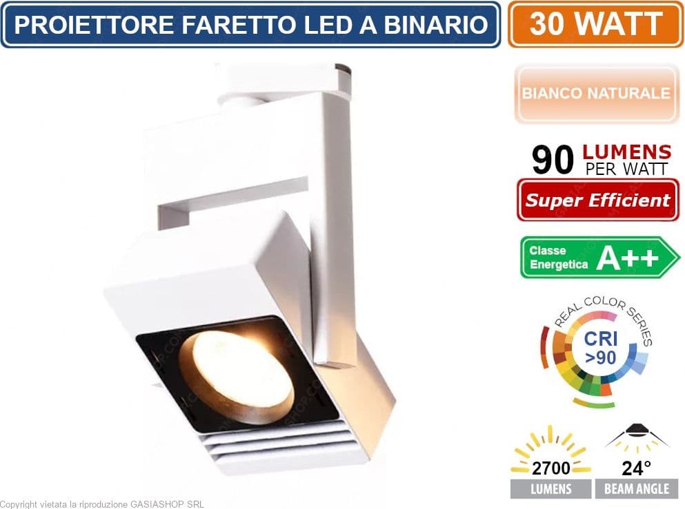 FARETTO PROIETTORE A BINARIO TRACK LIGHT LED COB 30W 2700 LUMEN CRI >90 BIANCO NATURALE 4000K - 3