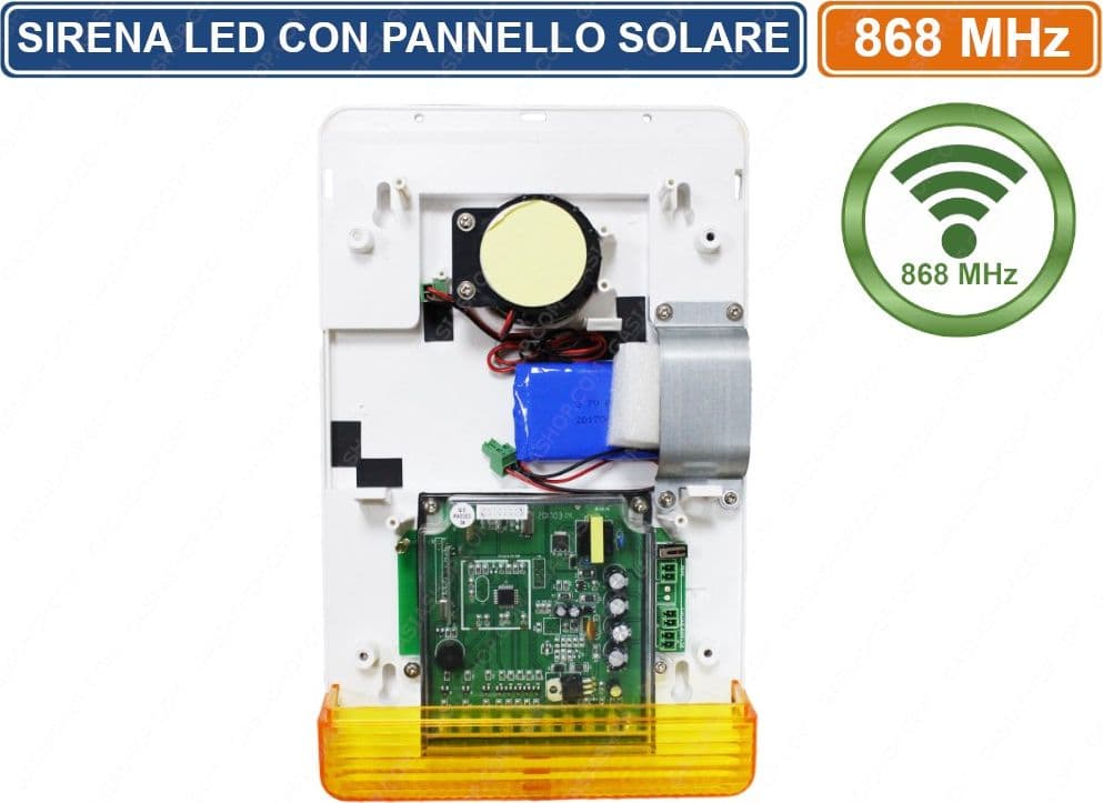 SIRENA DI ALLARME LED PER ANTIFURTO WIRELESS 868 MHz AUTOALIMENTATA CON PANNELLO SOLARE DISTANZA 90 METRI - 2