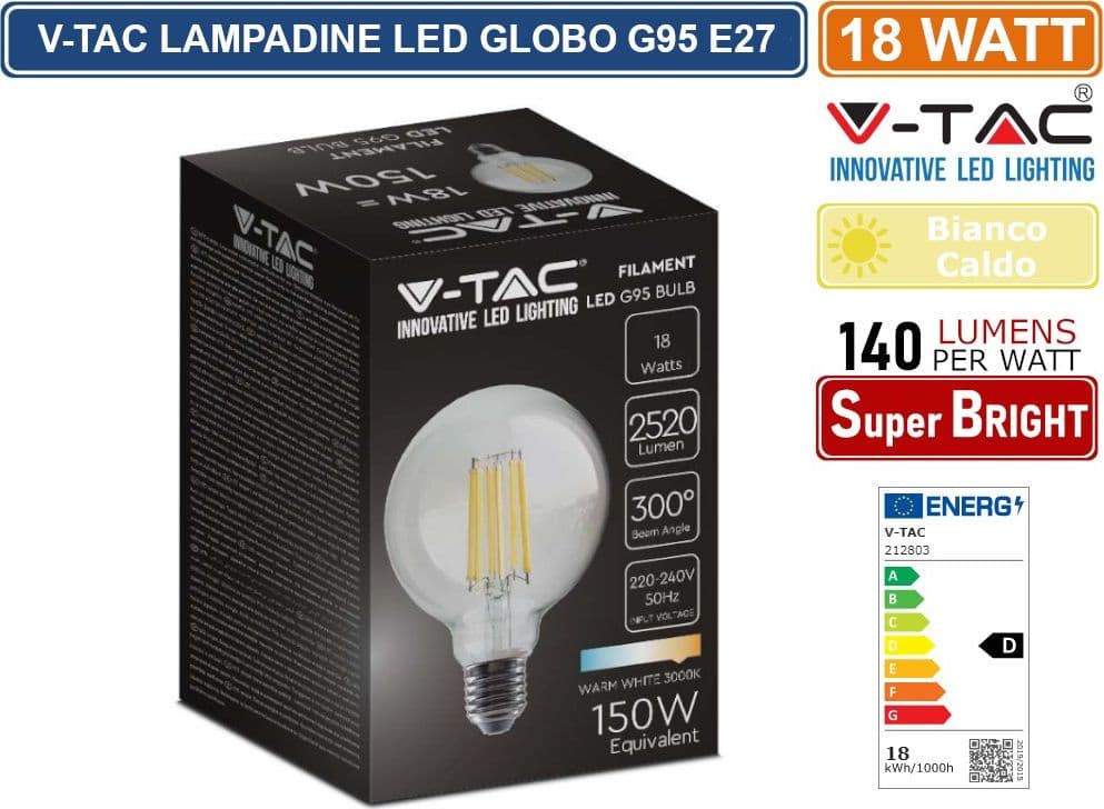 V-TAC VT-2338 LAMPADINA LED E27 18W BULB G95 GLOBO FILAMENT VETRO TRASPARENTE - SKU 212803 - 2