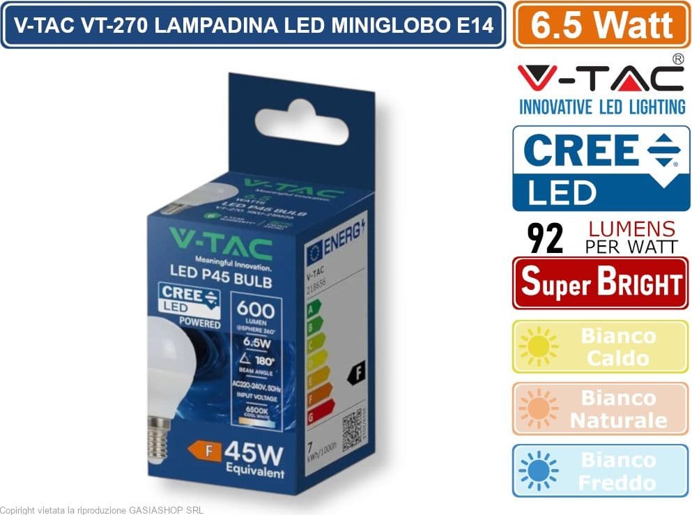 KIT 10 LAMPADINE V-TAC VT-270 LAMPADINA LED E14 6,5W MINIGLOBO P45 SMD CHIP CREE - SKU 218636 / 218646 / 218656 - 2