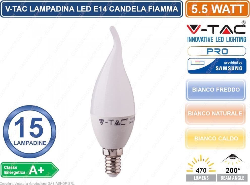 KIT 15 LAMPADINE V-TAC PRO VT-258 LAMPADINA LED E14 5,5W CANDELA FIAMMA CHIP SAMSUNG - SKU 117 / 118 / 119 - 2