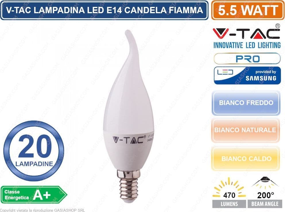 KIT 20 LAMPADINE V-TAC PRO VT-258 LAMPADINA LED E14 5,5W CANDELA FIAMMA CHIP SAMSUNG - SKU 117 / 118 / 119 - 2
