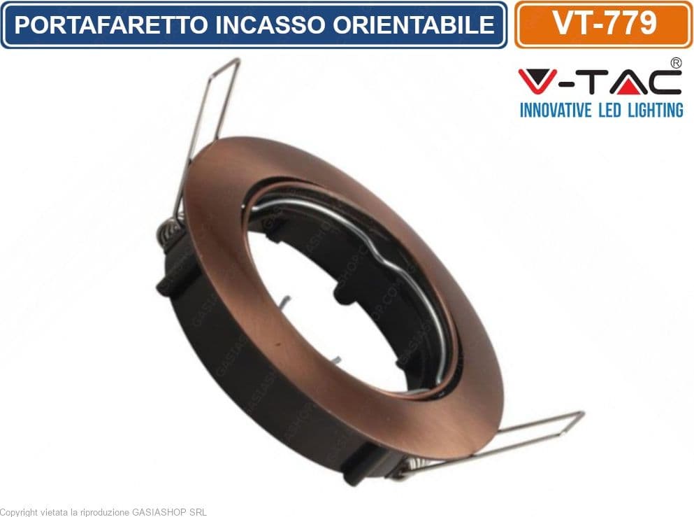 V-TAC VT-779 PORTAFARETTO ORIENTABILE ROTONDO DA INCASSO PER LAMPADINE GU10 E GU5.3 COLORE BRONZO - SKU 8580