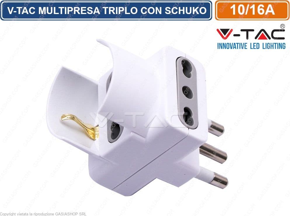 V-TAC MULTIPRESA ADATTATORE TRIPLO CON SCHUKO 10/16A COLORE BIANCO - SKU 8724