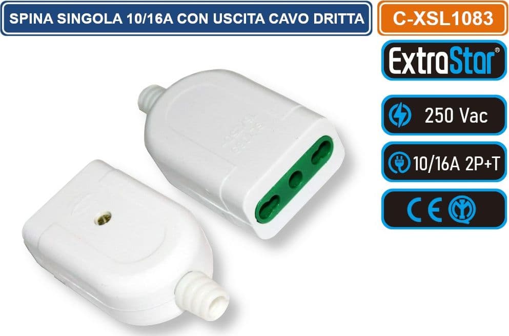 EXTRASTAR C-XSL1083 PRESA SINGOLA 10/16A 250V CON USCITA CAVO DRITTA COLORE BIANCO