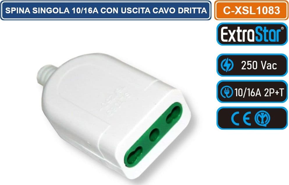 EXTRASTAR C-XSL1083 PRESA SINGOLA 10/16A 250V CON USCITA CAVO DRITTA COLORE BIANCO - 2