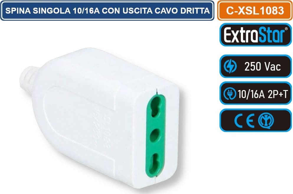 EXTRASTAR C-XSL1083 PRESA SINGOLA 10/16A 250V CON USCITA CAVO DRITTA COLORE BIANCO - 3