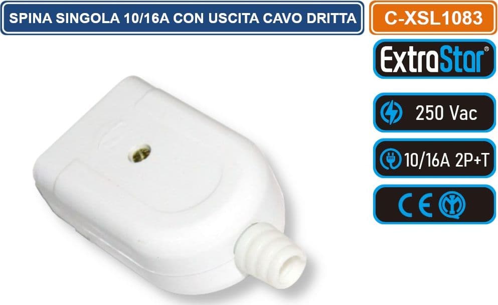 EXTRASTAR C-XSL1083 PRESA SINGOLA 10/16A 250V CON USCITA CAVO DRITTA COLORE BIANCO - 4
