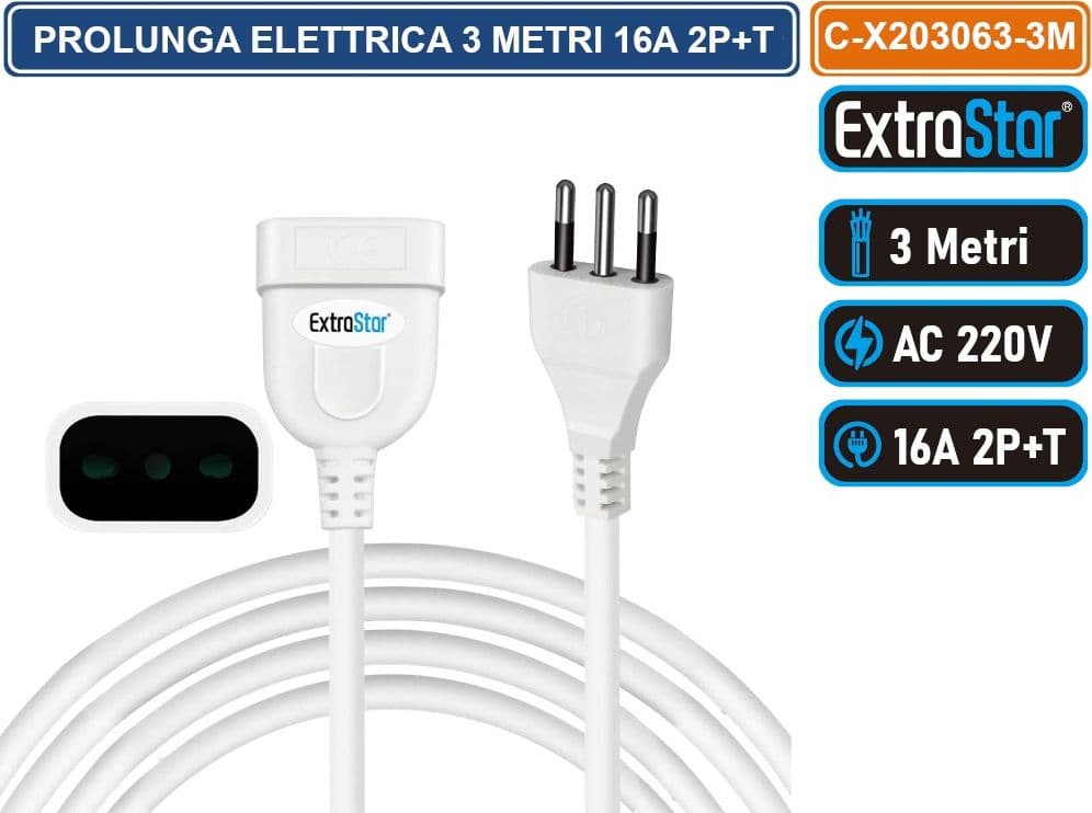 EXTRASTAR C-X203063-3M CAVO PROLUNGA SPINA E PRESA ITALIANE 3 METRI 16A 2P+T COLORE BIANCO - 2