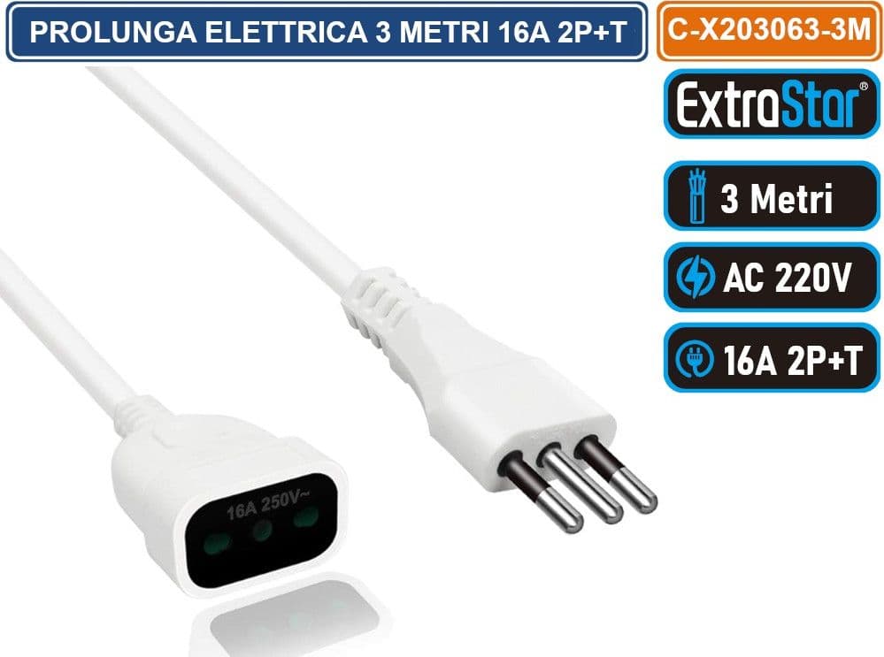 EXTRASTAR C-X203063-3M CAVO PROLUNGA SPINA E PRESA ITALIANE 3 METRI 16A 2P+T COLORE BIANCO - 3