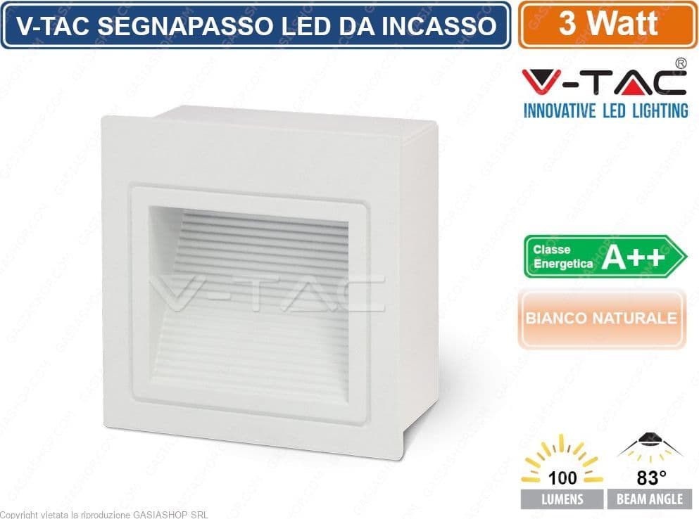 V-TAC VT-1143 FARETTO SEGNAPASSO LED DA INCASSO QUADRATO 3W COLORE BIANCO - SKU 1284 - 2