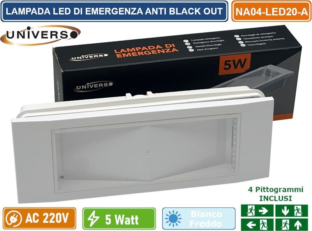 UNIVERSO NA04-LED20-A LAMPADA LED DI EMERGENZA ANTI BLACK OUT 5W 300 LUMEN DA INTERNO CON PITTOGRAMMI - 2
