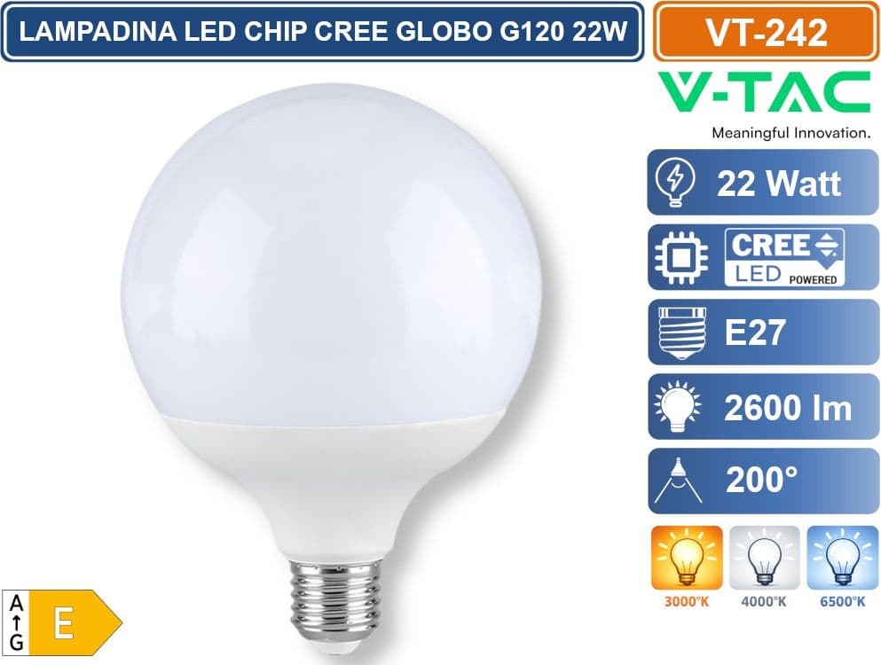 V-TAC VT-242 LAMPADINA LED E27 22W GLOBO G120 CHIP CREE 2600 LUMEN - 3000K-4000K-6500K - 2