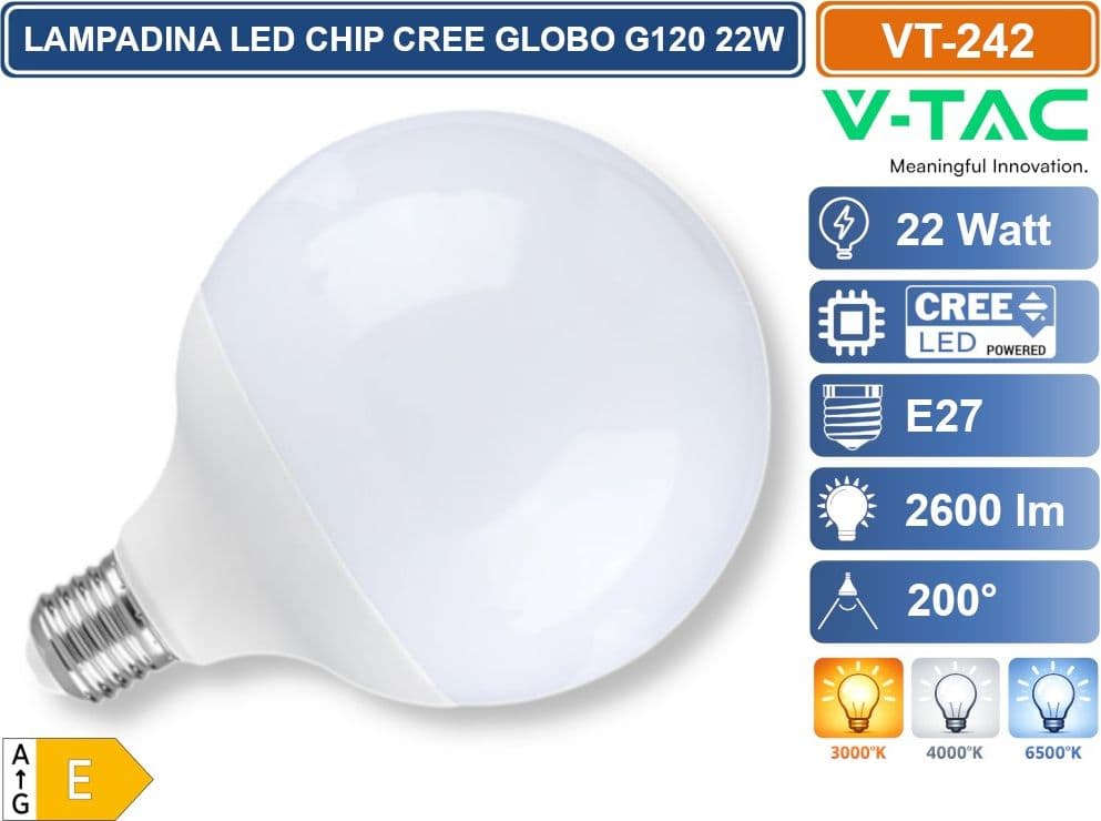 V-TAC VT-242 LAMPADINA LED E27 22W GLOBO G120 CHIP CREE 2600 LUMEN - 3000K-4000K-6500K - 3