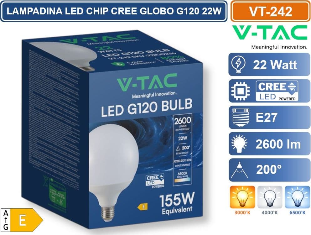 V-TAC VT-242 LAMPADINA LED E27 22W GLOBO G120 CHIP CREE 2600 LUMEN - 3000K-4000K-6500K - 4