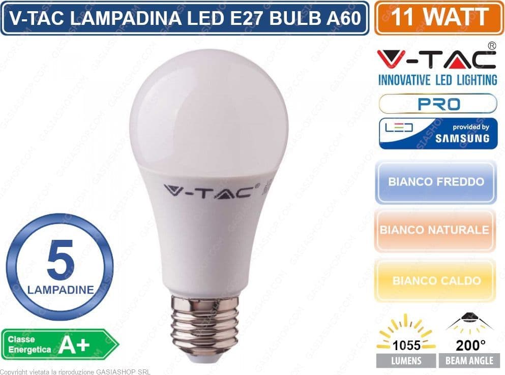 KIT 5 LAMPADINE V-TAC PRO VT-212 LAMPADINA LED E27 11W BULB A60 CHIP SAMSUNG - SKU 231 / 232 / 233 - 2