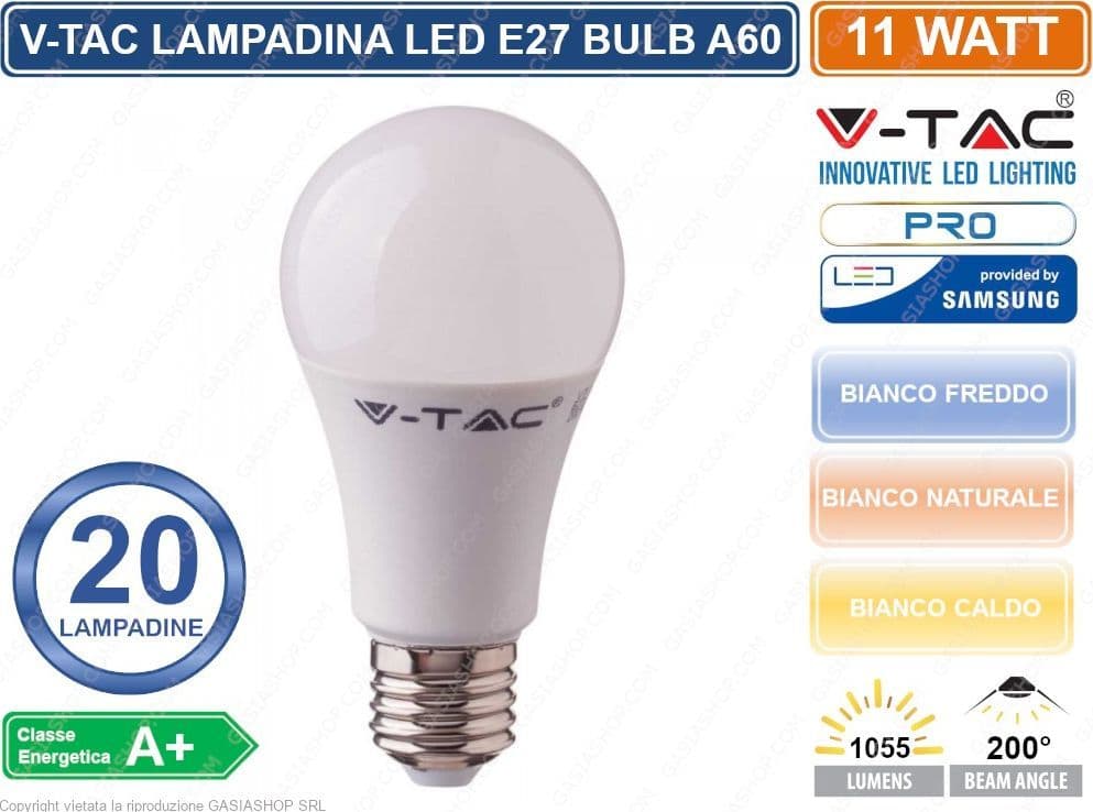 KIT 20 LAMPADINE V-TAC PRO VT-212 LAMPADINA LED E27 11W BULB A60 CHIP SAMSUNG - SKU 231 / 232 / 233 - 2
