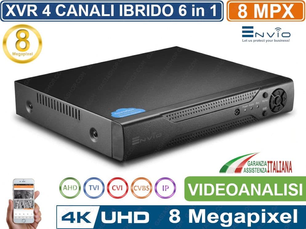XVR DVR 6in1 AHD CVI TVI CVBS XVI IP 4CH CANALI 8 MPX CLOUD P2P UTC VIDEOANALISI