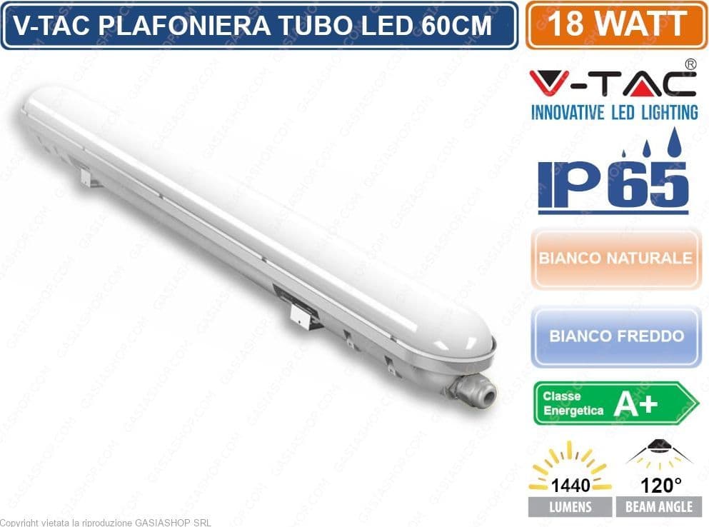 V-TAC VT-6048 TUBO LED PLAFONIERA 18W LAMPADINA 60CM IMPERMEABILE - SKU 6198 / 6199 - 2